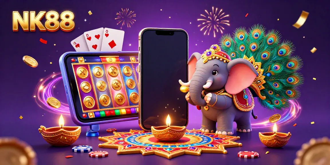 Engage in thrilling casino fun with NK88 featuring a colorful illustration of a Diwali-themed scene.