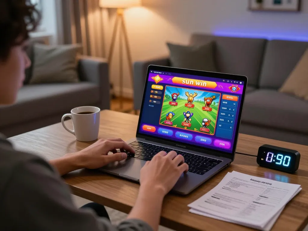 Engaging in sun win online gaming with a cozy setup featuring vibrant casino interface and strategic elements.