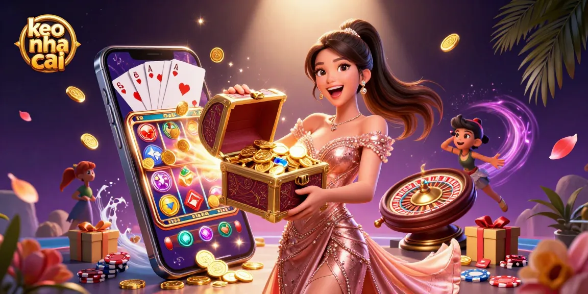 Engage with keo nha cai as an Asian woman presents a treasure chest of golden coins in an exciting casino scene.