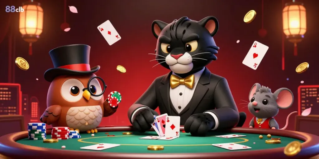Experience thrilling poker action with 88clb characters at a vibrant casino table.