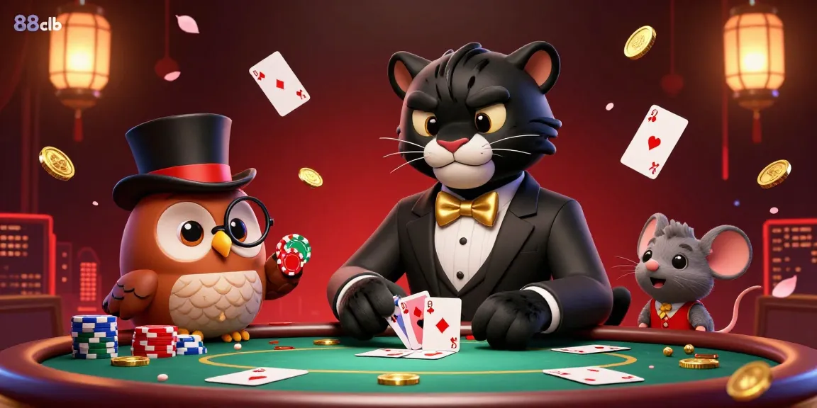 Experience thrilling poker action with 88clb characters at a vibrant casino table.