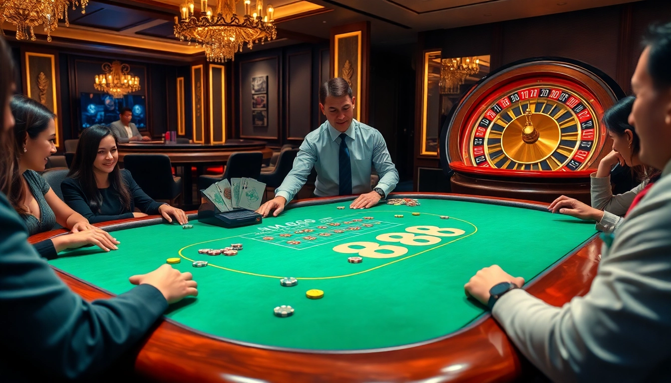 MM88 poker players enjoying a luxurious gaming experience at a casino table.