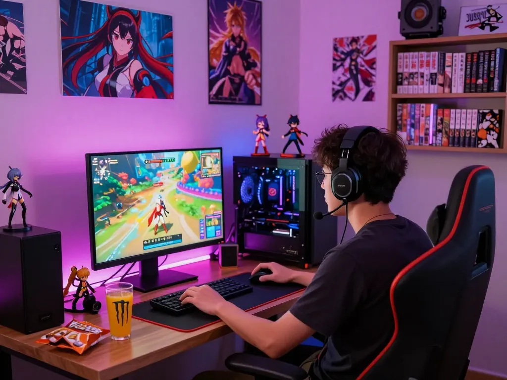 Engaged player immersed in a colorful hentai game setup with anime decor and snacks.