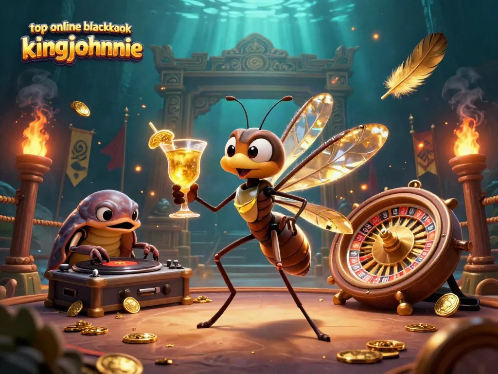 Experience the excitement of top online blackjack kingjohnnie with a dynamic 3D illustration featuring unique casino characters.