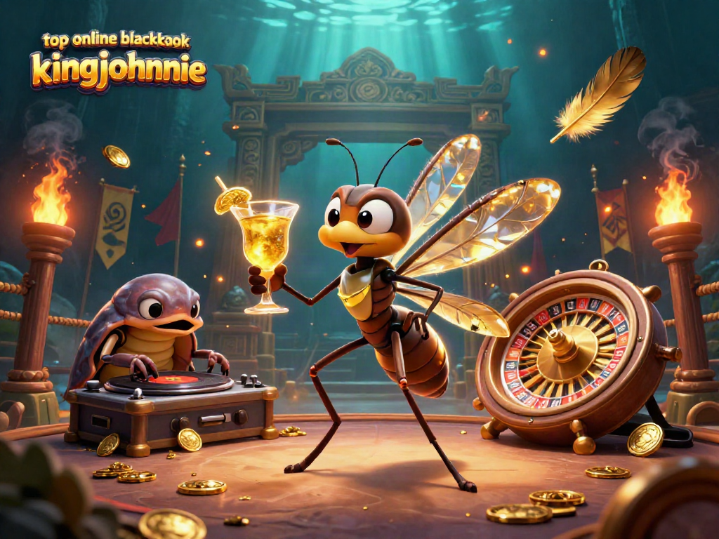Experience the excitement of top online blackjack kingjohnnie with a dynamic 3D illustration featuring unique casino characters.