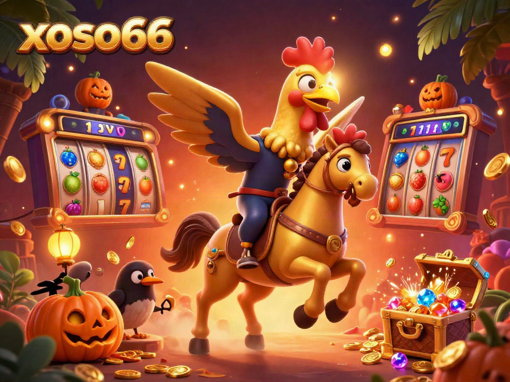 Engage in thrilling games at xoso66 with a golden rooster character and dynamic casino elements.