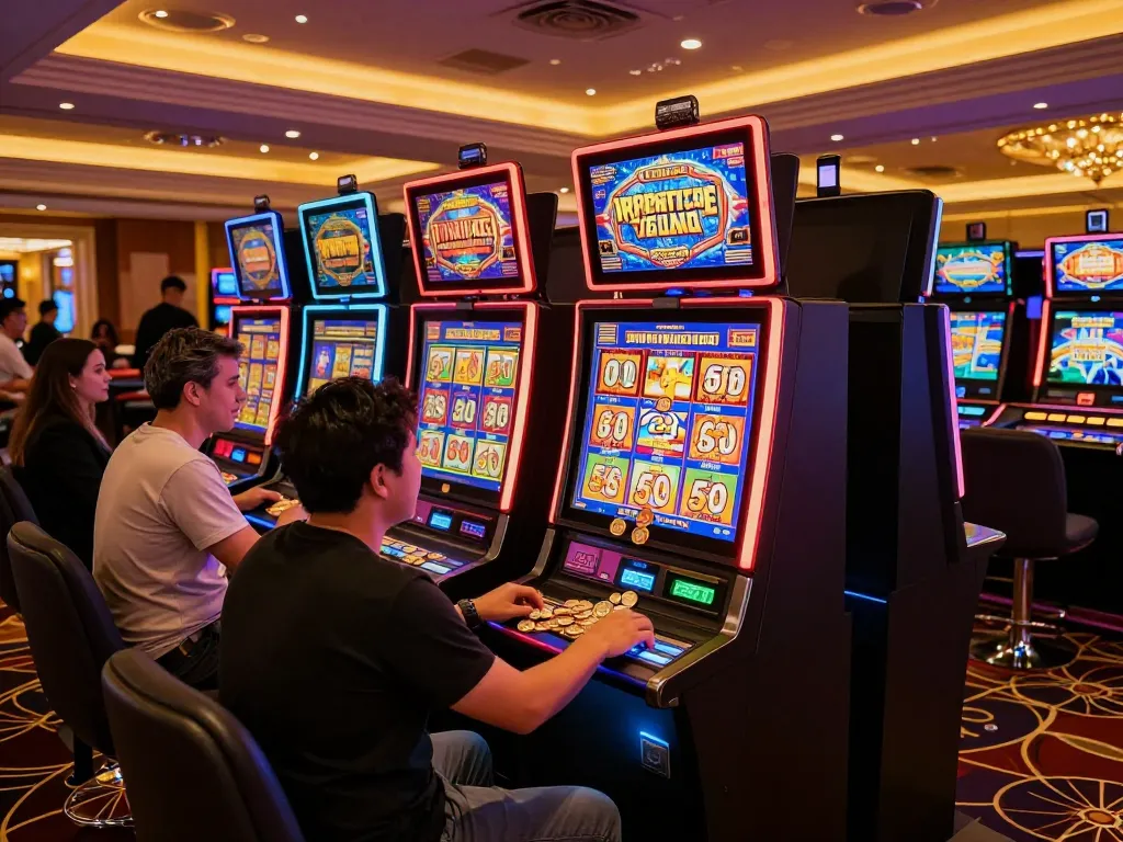 Players celebrating wins at colorful slot machines at MM 88 casino, dynamic atmosphere.