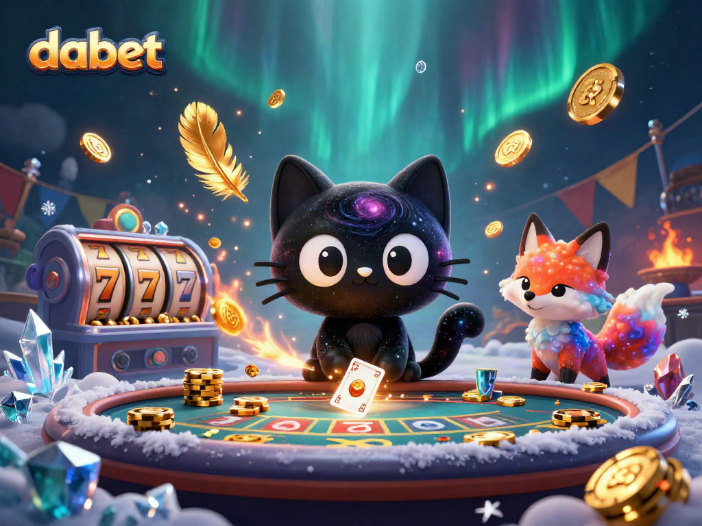 Dabet showcases a whimsical casino scene with a black hole cat and a colorful fox, capturing the thrill of slots.