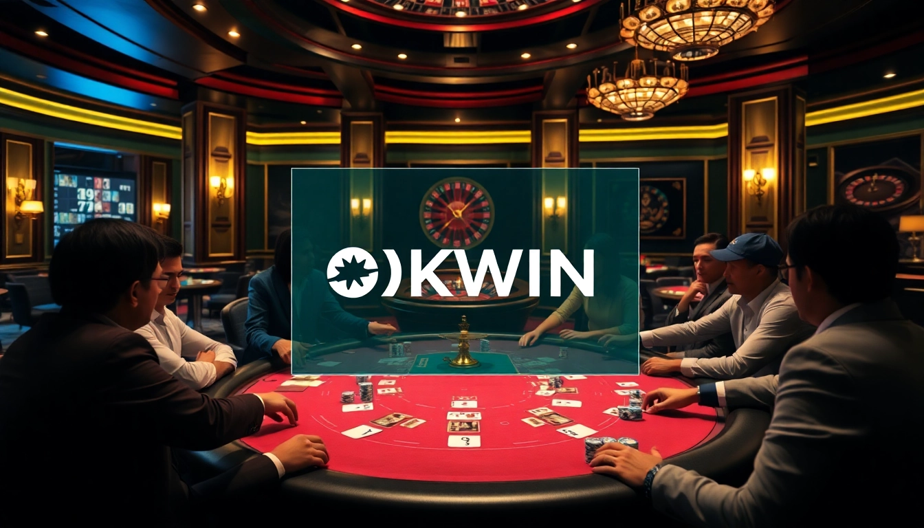 Engage in thrilling games at OKWIN with vibrant casino scenes showcasing poker and roulette.