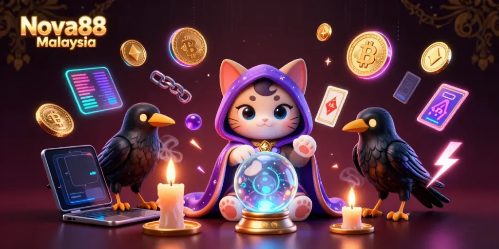 Experience the magic of Nova88 Malaysia with a mystical cat and glowing raven in a vibrant casino scene.