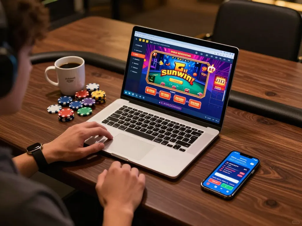 Player engaging with sunwin online casino gameplay on laptop with betting chips and smartphone