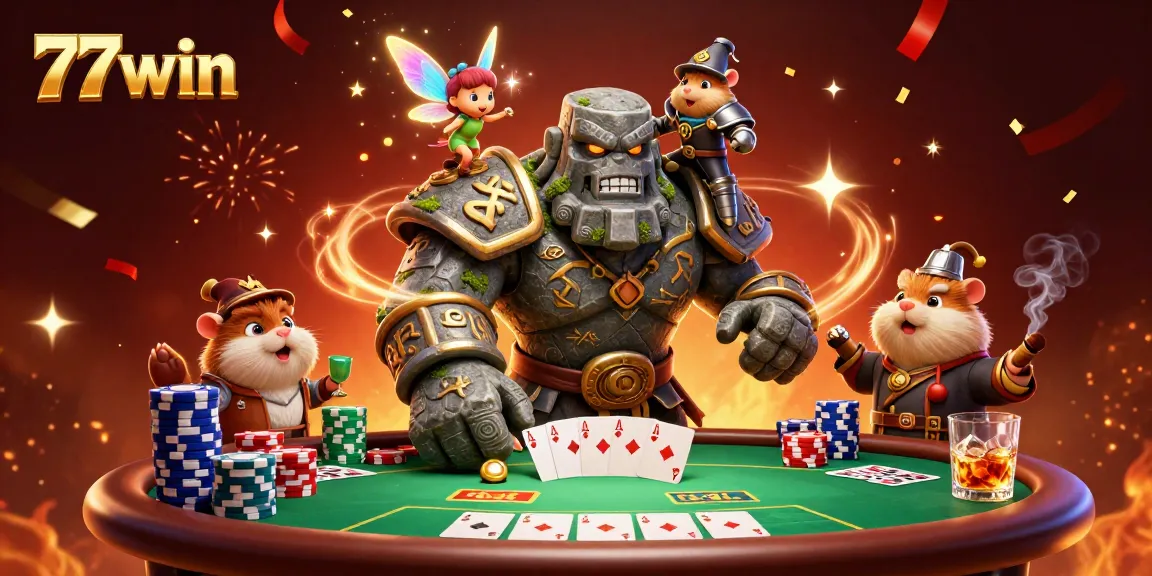 Join the excitement of 77win's casino games with a lively poker scene featuring magical characters.
