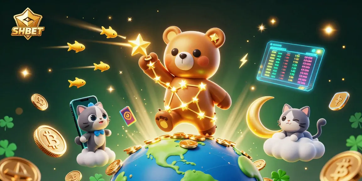 Experience the vibrant world of SHBET casino with playful illustration showcasing stellar characters and crypto themes.