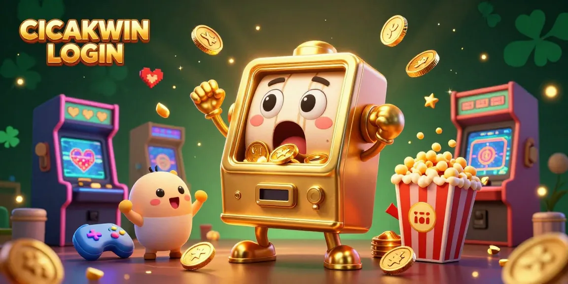 CICAKWIN LOGIN showcases an exciting jackpot scene with a golden slot machine, cheering baby slots, and a popcorn machine amidst a vibrant gaming landscape.
