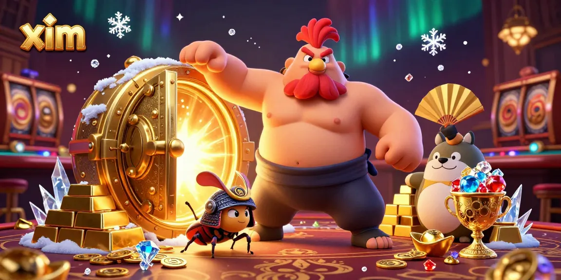 Spin and win with xim at a lively casino scene showcasing a dynamic sumo wrestler, fighting cricket, and treasure.