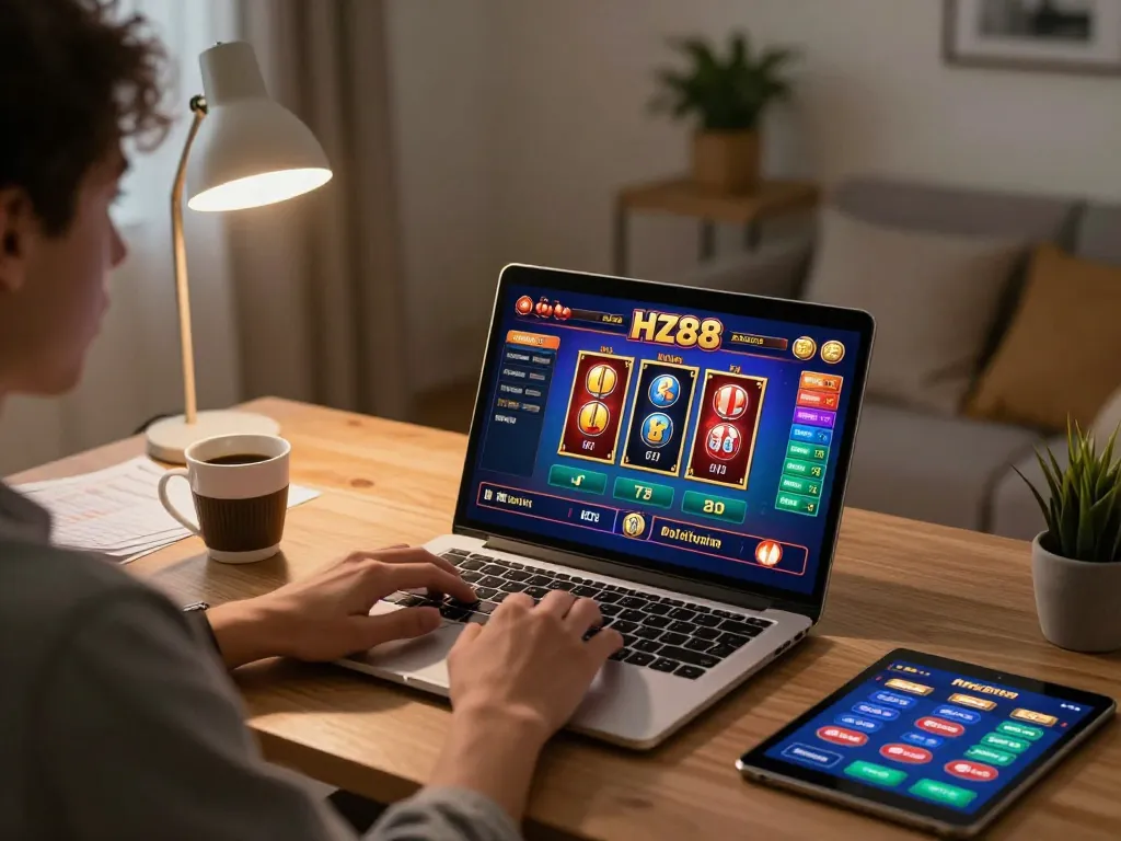 Player engaging in HZ88 online gaming session with poker and slot games displayed on laptop screen