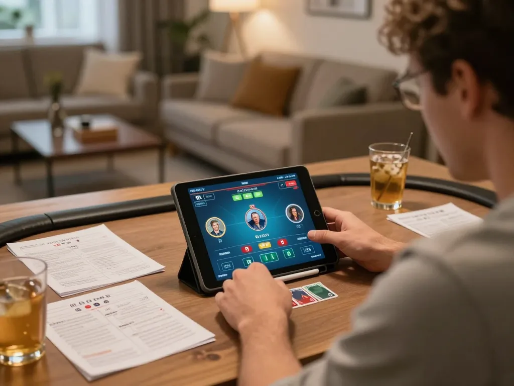 Player strategizing on 33win's online poker platform, focused on gameplay in a cozy home setting