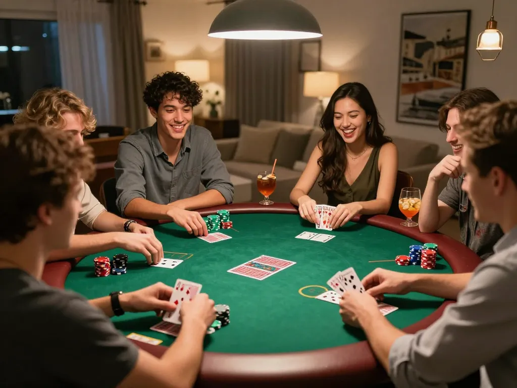 Players enjoying a competitive poker game at home using SC88 strategy with colorful chips stacked around.