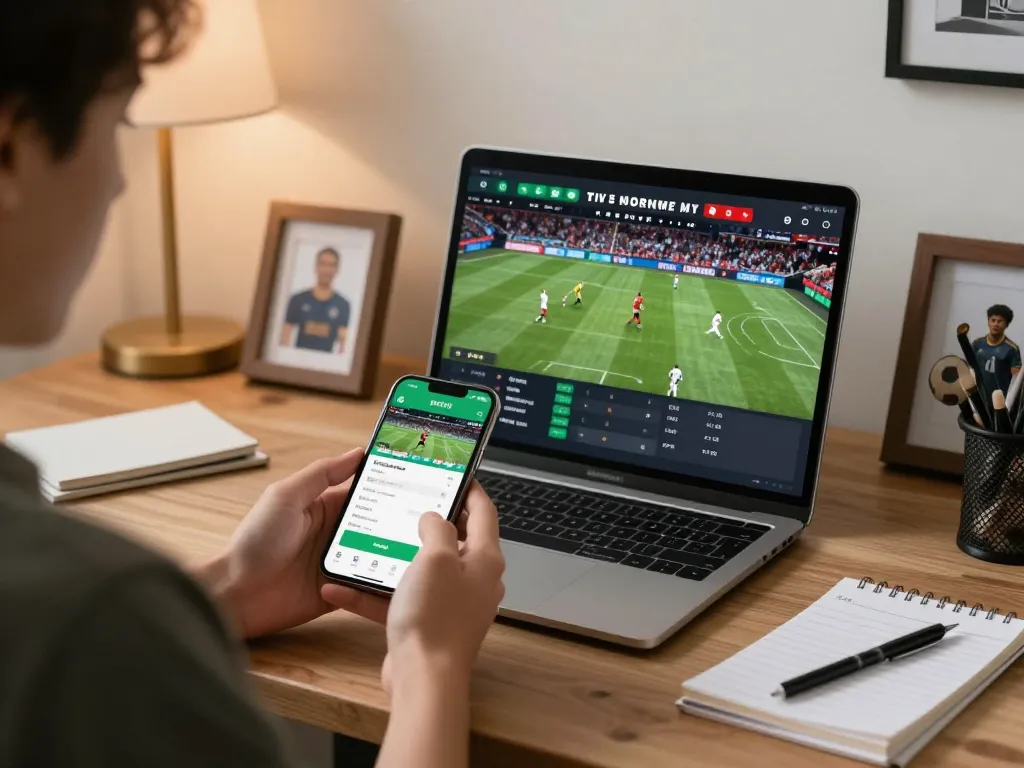 Engaging in sports betting through the trang chủ okwin app, showcasing strategic betting action in a modern home office.