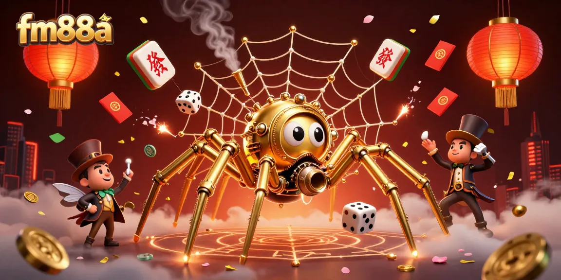 Win at fm88a with the mesmerizing steampunk spider catching dice and vibrant casino elements.