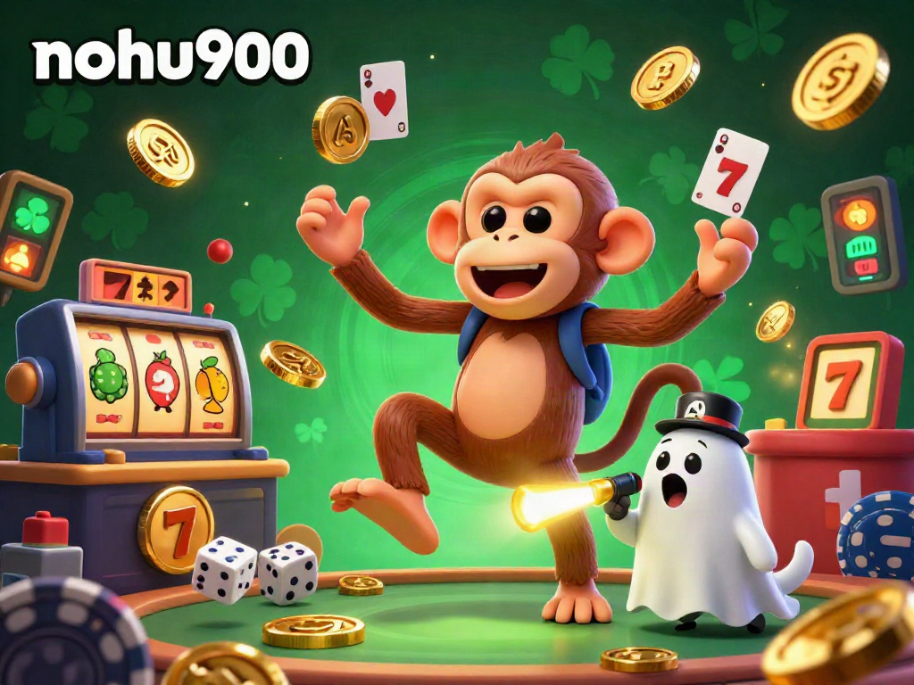Experience thrilling gameplay at nohu900 with a vibrant casino scene featuring a ghost-hunter puppy and a mischievous monkey.
