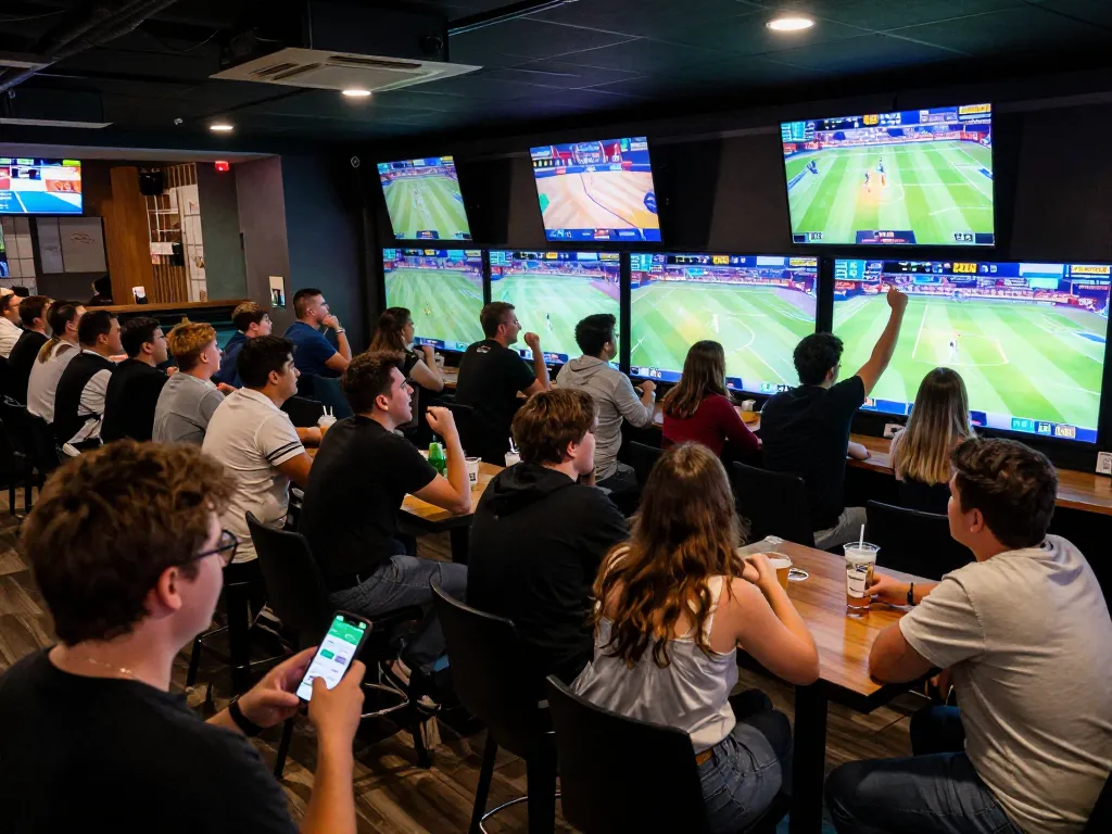 Excited fans placing bets on mobile devices, showcasing tin soi kèo in a vibrant sports bar atmosphere.