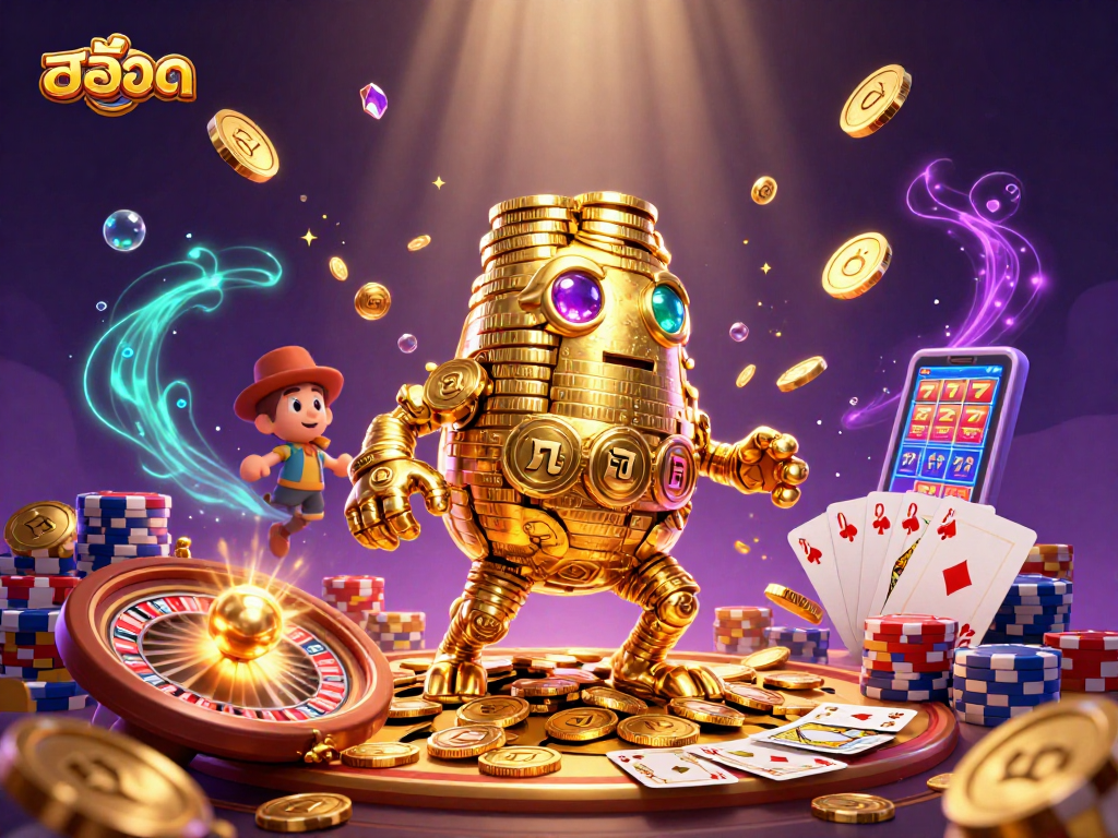 Experience สล็อต gaming with a golden golem, vibrant casino elements, and magical effects in 3D!