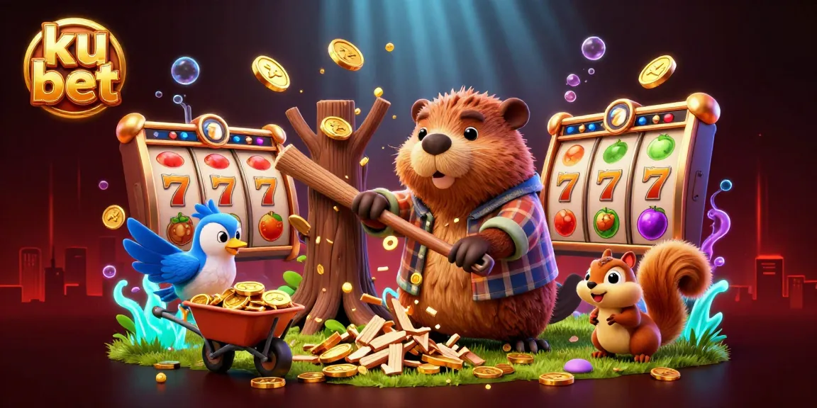 Win big with ku bet by joining a lively casino scene with vibrant slot machines, golden coins, and fun characters.