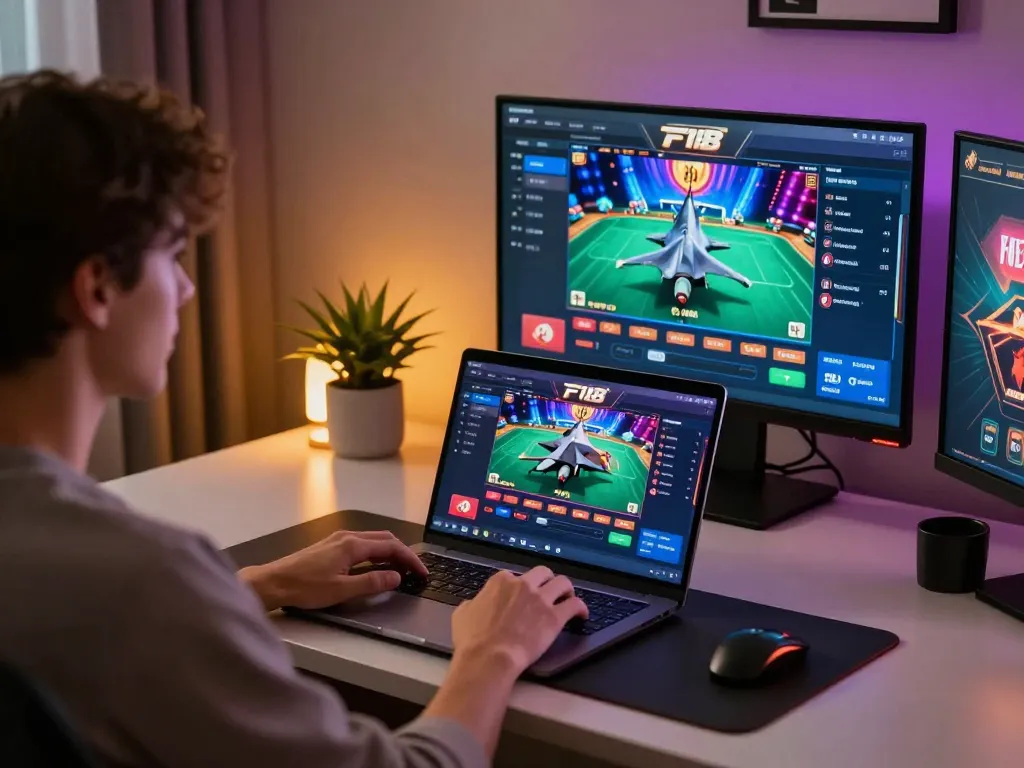 Engaging in online gaming at F168 with a laptop displaying casino games in a cozy home setting.