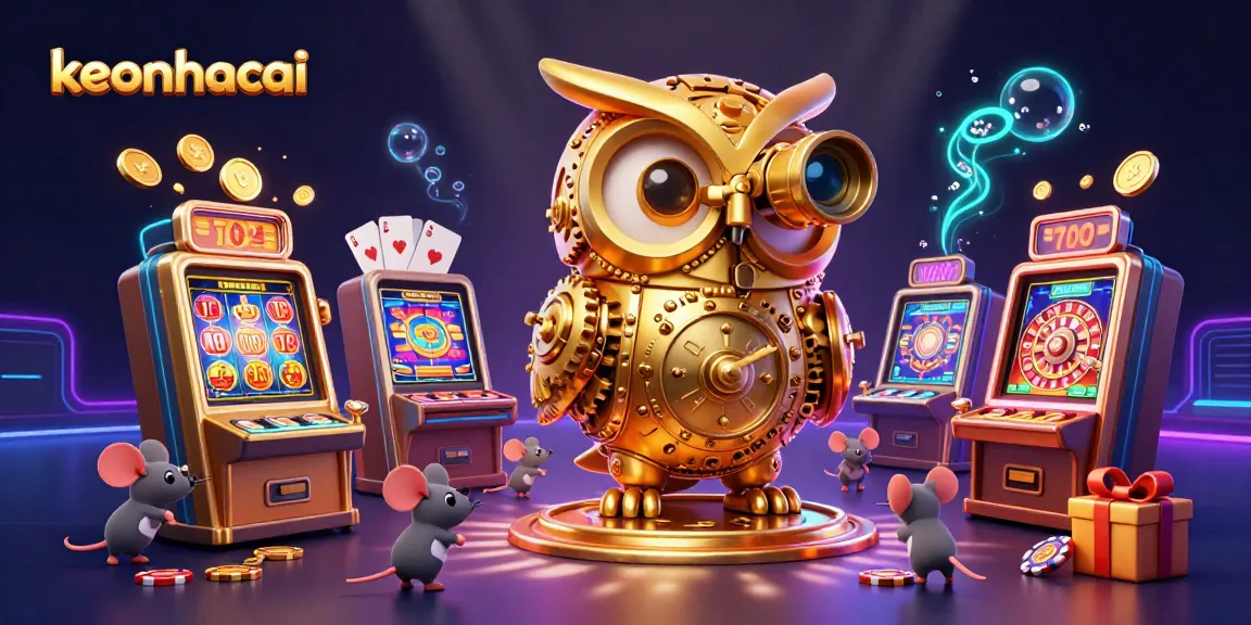 Engage with keonhacai through vibrant casino-themed illustration showcasing golden owl, dynamic slot games, and whimsical patrons.