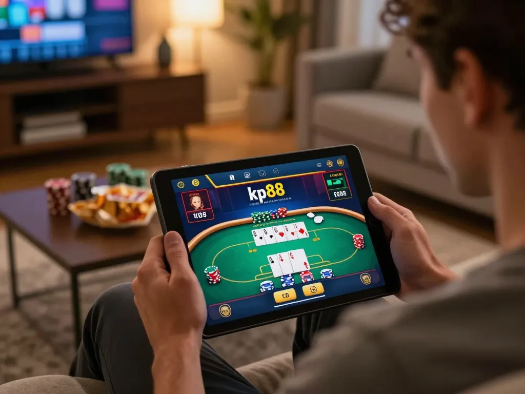 Engaging player enjoying kp88 online casino gaming session on tablet with live dealer at home.