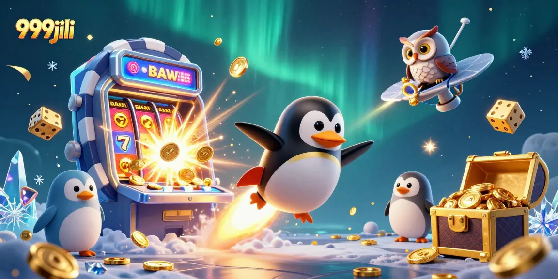 Experience thrilling 999jili action as the golden penguin rockets towards a colorful slot machine explosion.