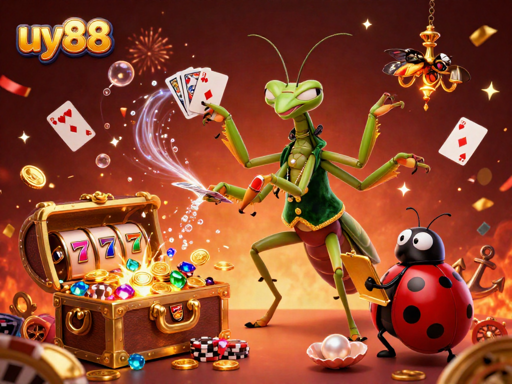 Experience high-stakes gaming at uy88 with a giant praying mantis and ladybug pit boss in a vibrant casino