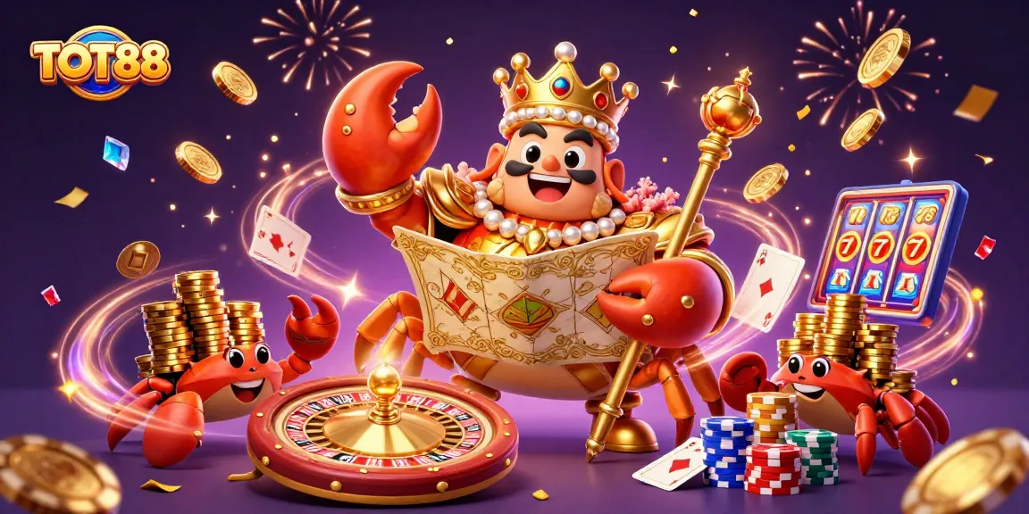 Experience the excitement of TOT88 with a golden crab emperor amidst vibrant casino elements.