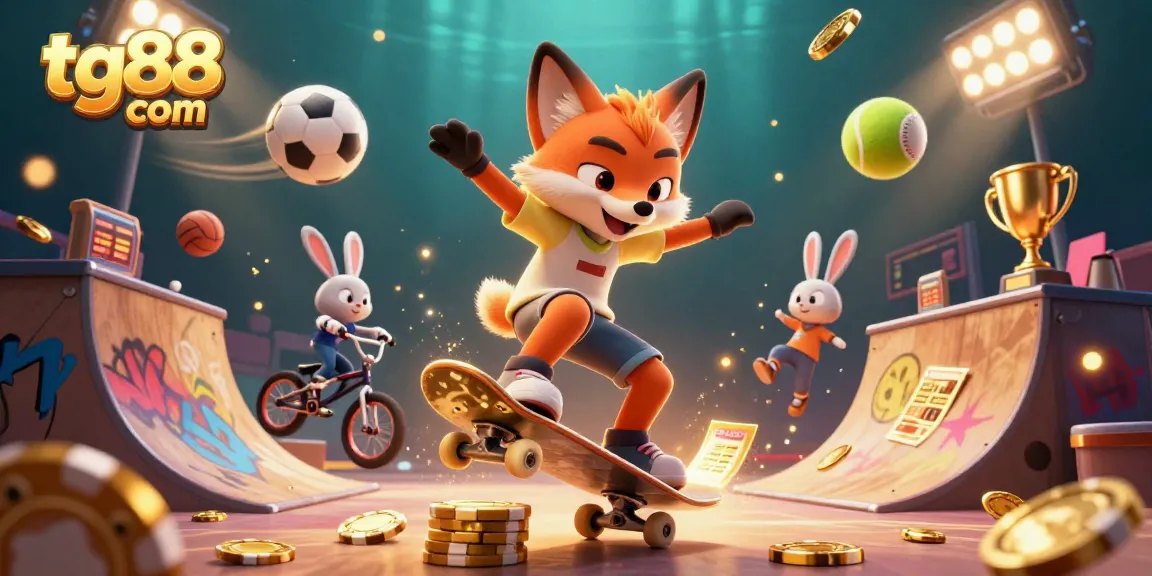 Join the action at tg88 com with animated characters showcasing dynamic casino gameplay and sports elements.