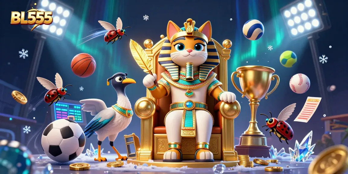 Experience thrilling gameplay at BL555 with a vibrant 3D casino illustration featuring dynamic sports elements.