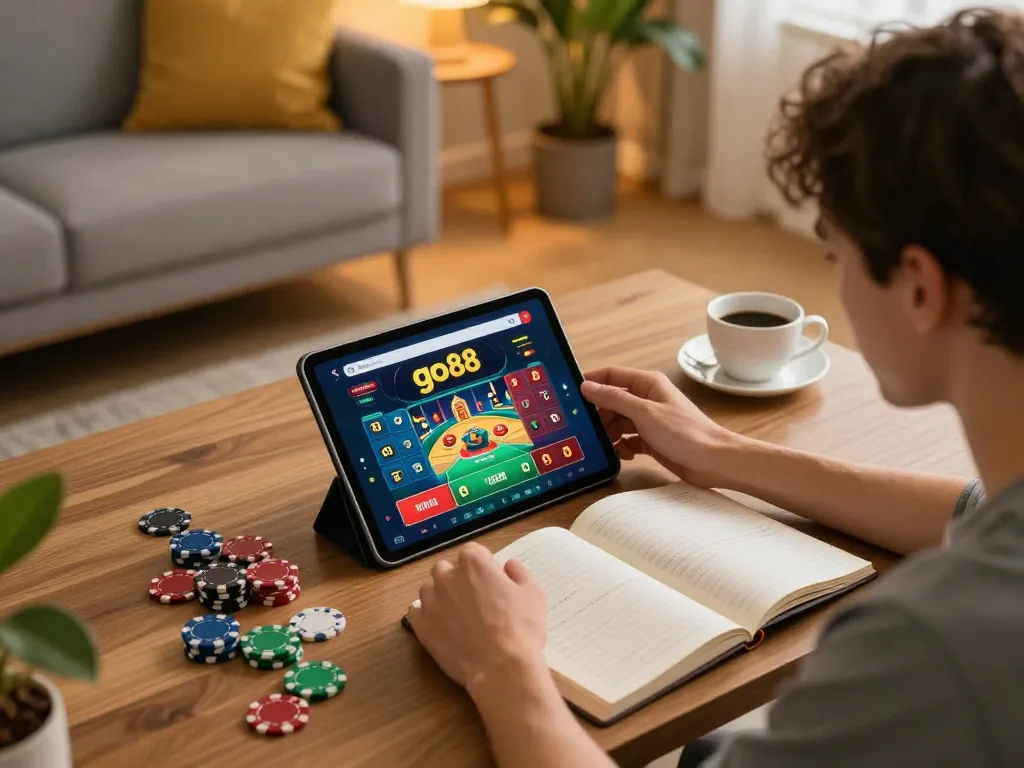 Player engaged in gaming on go88 app in cozy home setup with strategy notes visible.