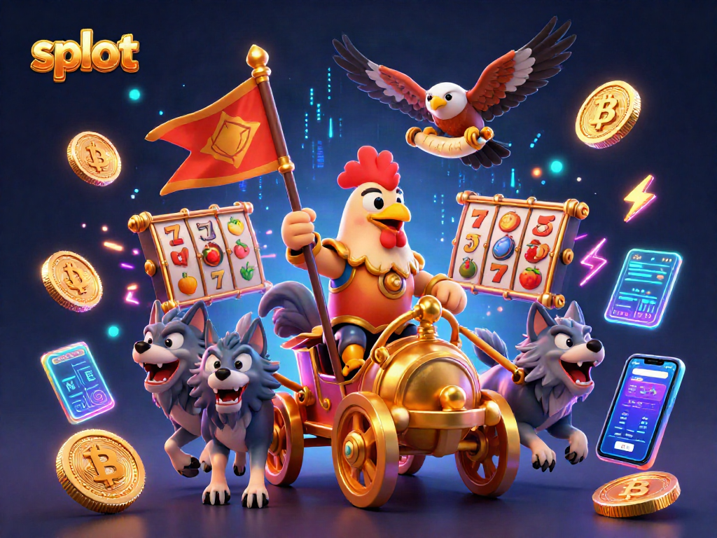 Engage with slot gaming excitement featuring vibrant 3D characters and neon crypto visuals.