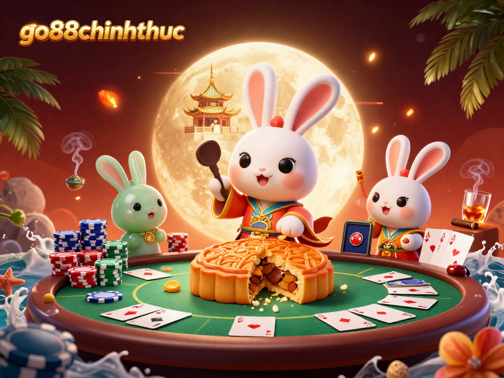 Go88chinhthuc showcases vibrant 3D illustration of a moon rabbit gambling with poker chips and mooncakes.