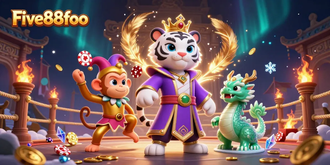 Experience thrilling gameplay with Five88foo in an animated casino scene featuring vibrant characters and rich elements!
