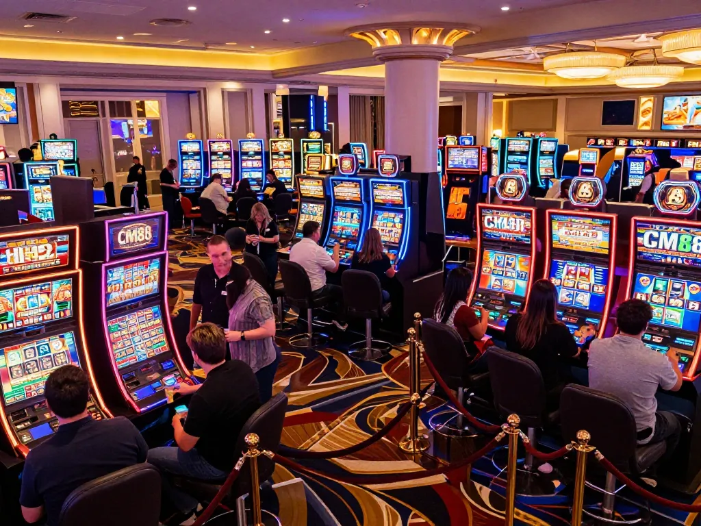 CM88 casino scene with excited players at vibrant slot machines in Las Vegas.