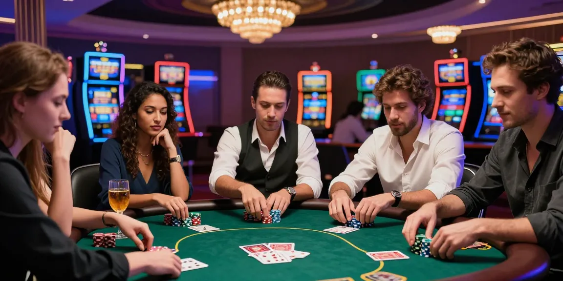 Group of players at a casino table enjoying poker, focusing on https://red88m7.com ambiance and excitement.