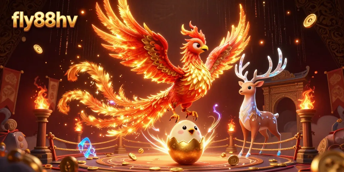 Experience thrilling gameplay at fly88hv with a majestic phoenix and an enchanting stag in a vibrant casino scene.