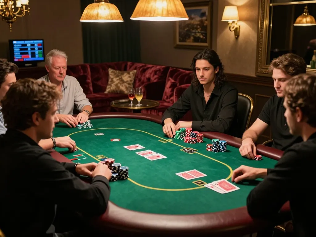 Experience high-stakes poker gameplay with iwin at an elegant table, players making strategic decisions.