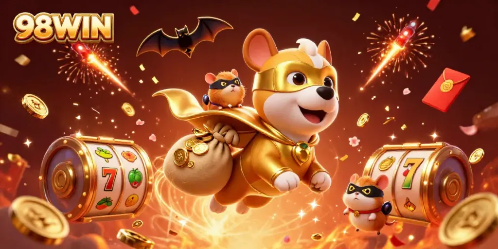 Fly high with 98WIN's cartoon superhero dog amidst gold coins and slot game elements.