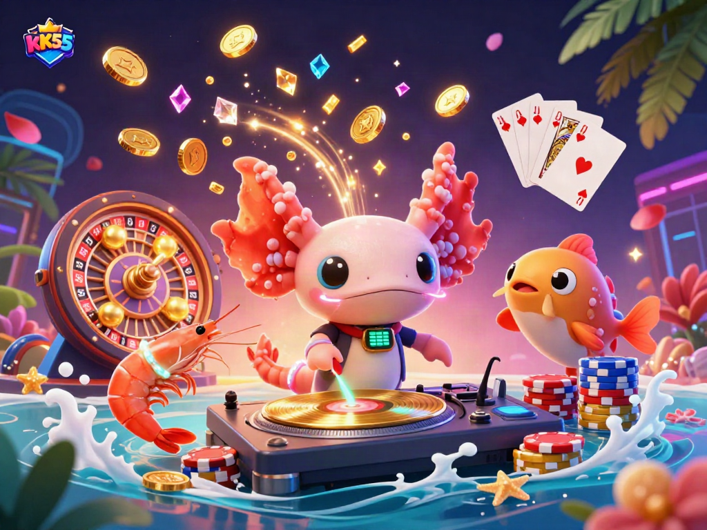 Experience KK55 excitement with a neon axolotl DJ amidst swirling coins and vibrant casino elements.