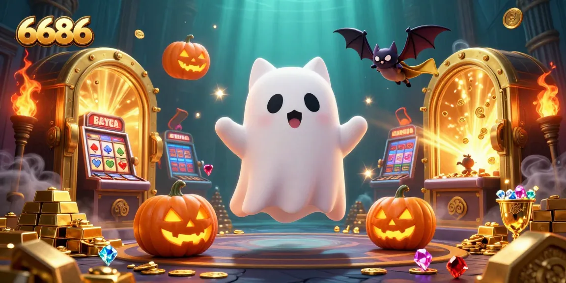 Experience thrilling moments with 6686, featuring a ghost cat and vampire bat in a dynamic casino scene