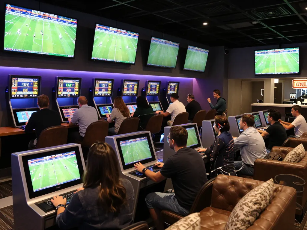 Active sports betting scene showcasing ty le nha cai with patrons engaged in betting excitement and lively discussions.