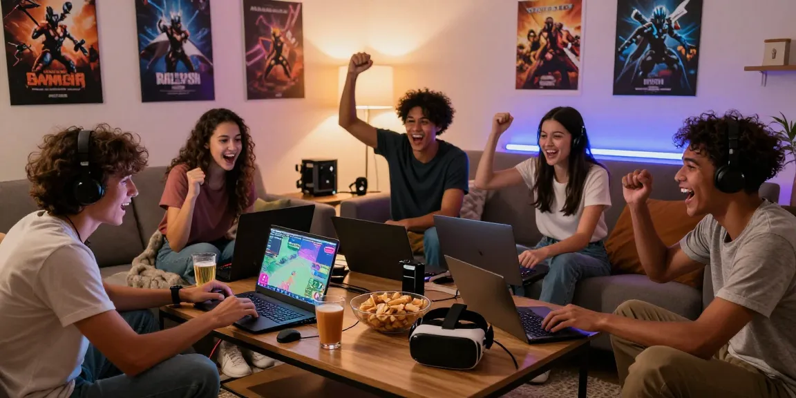 Friends enjoying a thrilling rikvip gaming session in a cozy living room.