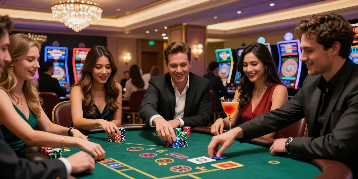 Exciting casino gaming scene featuring friends around a poker table at https://da88m7.com with colorful decor and cocktails.